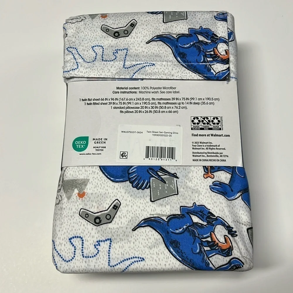 🆕 Gaming Dinosaur Sheets Twin Set in Velcro Storage Bag Blue White